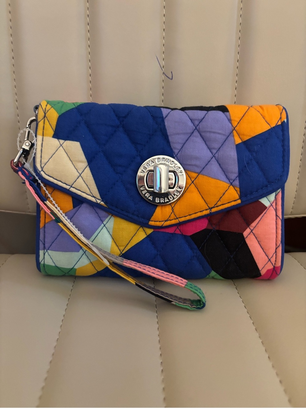 Vera Bradley Quilted Wristlet in Blue, Purple, Yellow & Multicolor Patchwork
